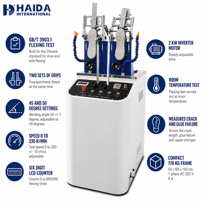 Máquina de prueba de resistencia a la flexión de zapatos y suelas HAIDA Shoe Flexing Tester GB T 3903.1 Equipo de prueba de zapatos estándar
