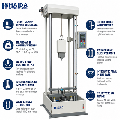 Máquina de prueba de resistencia al impacto de puntera de calzado de seguridad HAIDA, equipo de prueba de calzado estándar EN ANSI