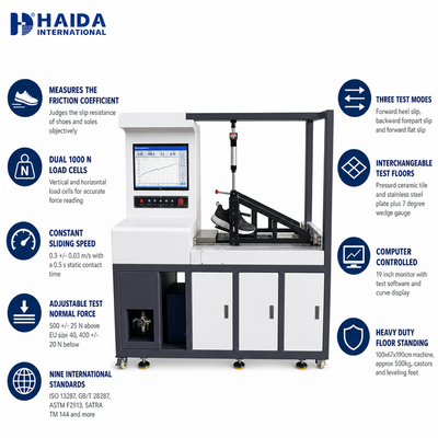 Máquina de prueba de coeficiente de fricción de suela de zapato HAIDA para resistencia al deslizamiento ISO 13287 ASTM F2913 Equipo de prueba de zapatos