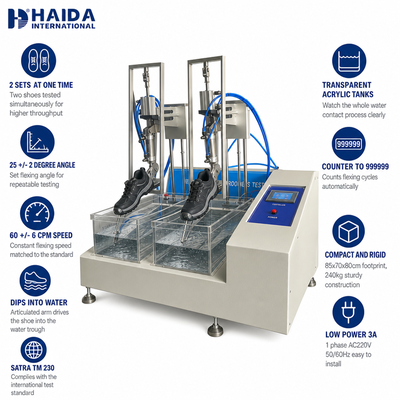 Máquina de prueba de resistencia al agua para calzado dinámico HAIDA, máquina de prueba de impermeabilidad de zapatos, equipo de prueba de zapatos estándar SATRA TM 230